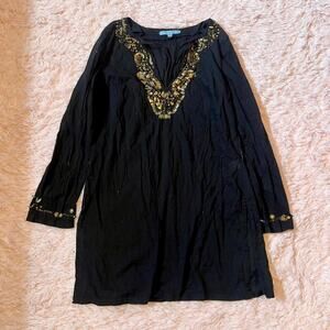 Antonio Melani Black Cotton Gold Beaded Boho Lagenlook Earthy Patchouli Tunic